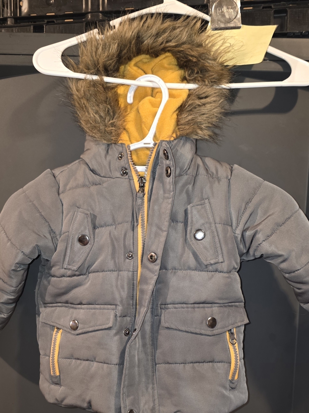 Rothschild Grey Puffer Jacket with Yellow Lining and Faux Fur Hood